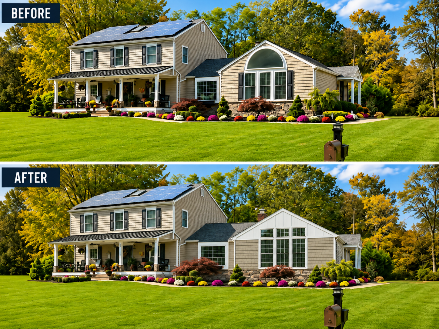 Before and after exterior renovation with board-and-batten gable accent