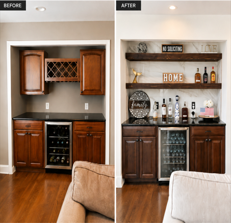 Before and after bar area with custom shelving and LED lighting