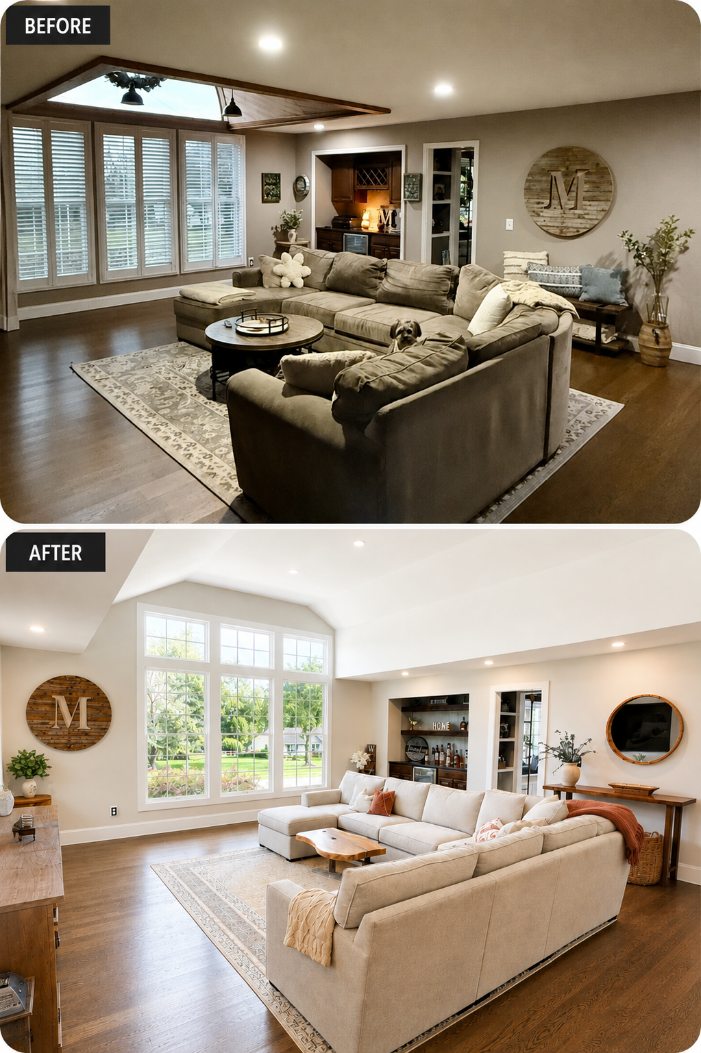 Before and after living room transformation with vaulted ceiling and picture window