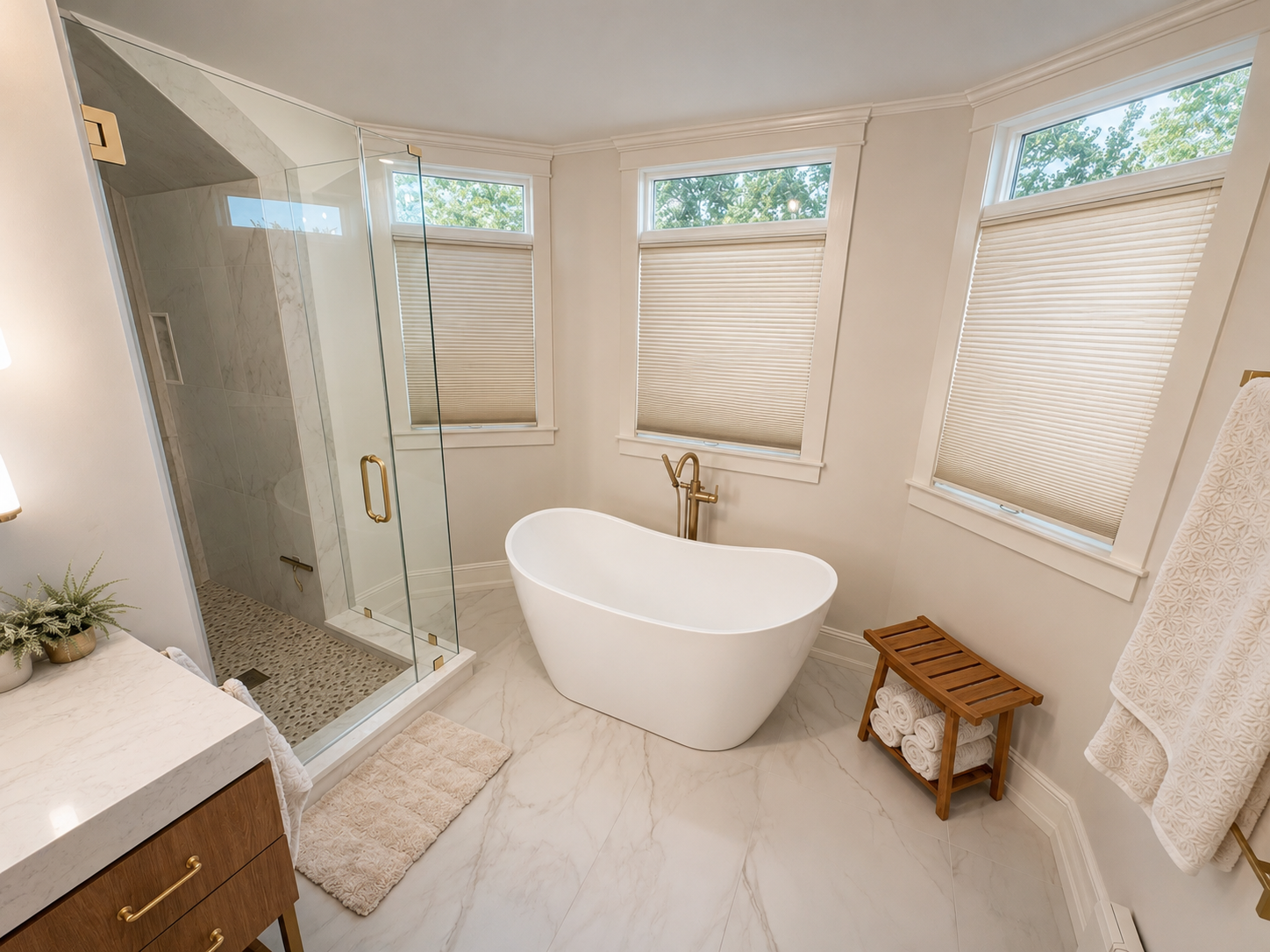 Makeover on Maye — freestanding tub and glass shower enclosure