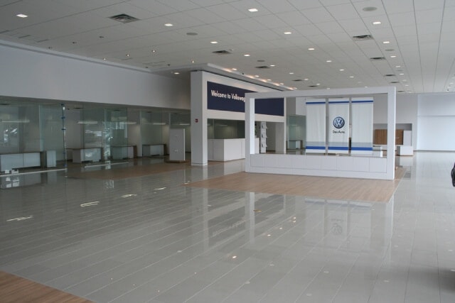 Union Volkswagen empty showroom interior with polished floors and VW branding
